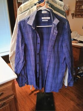 Calvin Klein Blue-Purple Plaid Button-Up Shirt Bin 1